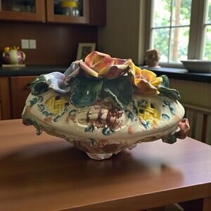 Italian Style Floral Capodimonte Bowl With Lid 7" Long x 4.25" Tall